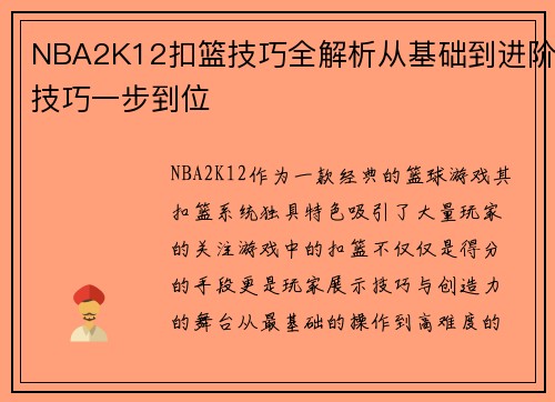 NBA2K12扣篮技巧全解析从基础到进阶技巧一步到位