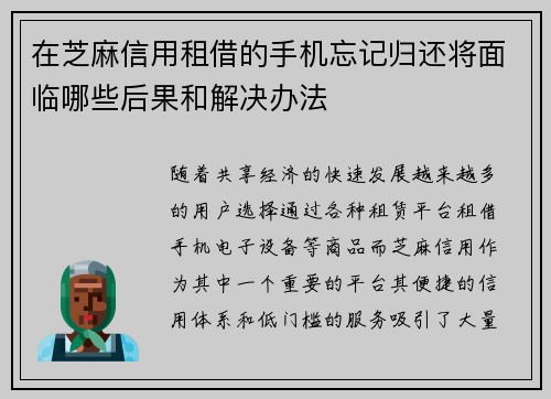 在芝麻信用租借的手机忘记归还将面临哪些后果和解决办法